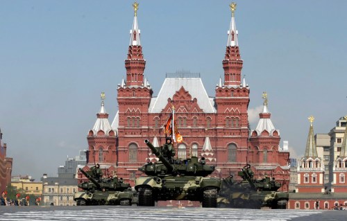 Russian T-90 tanks roll across Moscow's Red Square, the State Historical Museum of Russia in the background, on Saturday, May 9, 2009, during the annual Victory Day parade